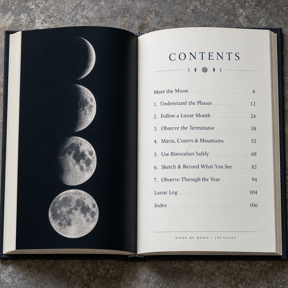 Contents of Moon by Moon, shown as a bound book. This is a visual representation: the guide is a digital ebook.