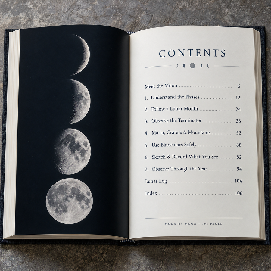 Contents pages of Moon by Moon, shown as an open book. This is a visual representation: the guide is a digital ebook.