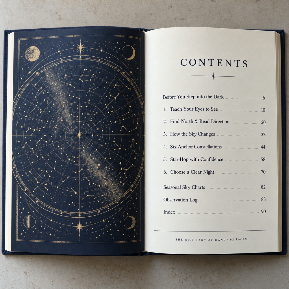 Contents of The Night Sky at Hand, shown as a bound book. This is a visual representation: the guide is a digital ebook.